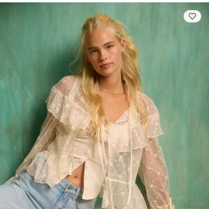 NWT American Eagle Outfitters Embroidered Tie-Front Mesh Blouse, Cream, PS